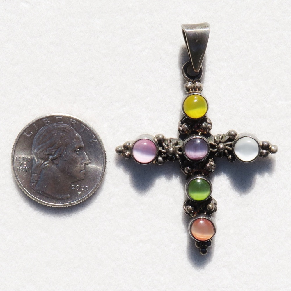 Sterling Silver Multi Color Cat’s Eye Cross Pendant 2.25” X 1.5” ATI Mexico 925 - Picture 5 of 5